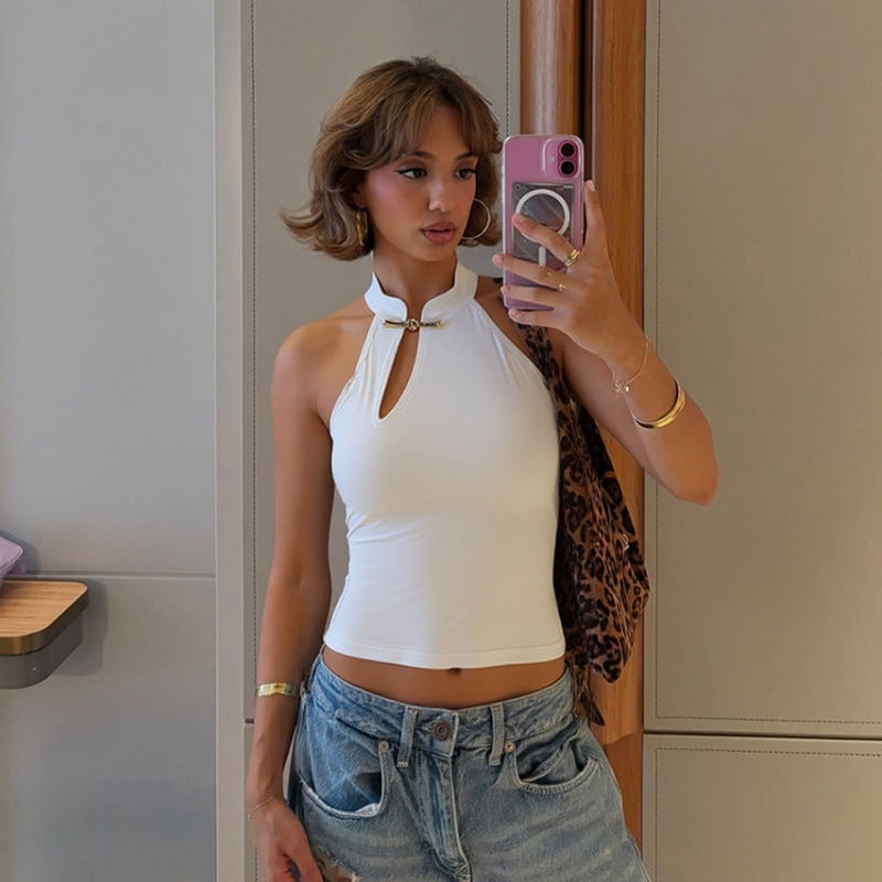 Spring Summer Women Clothing Personalized Stand Collar Open Solid Color Slim Fit Sexy Sleeveless T shirt Vest Women