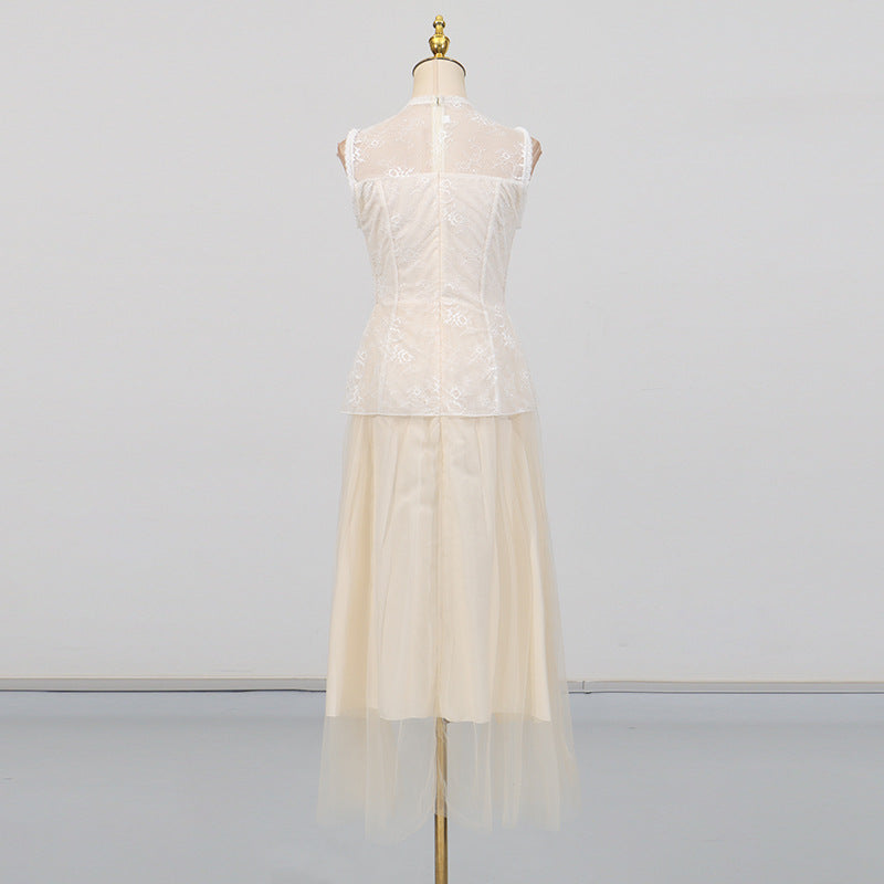 Women Elegant High Grade Dress Summer Lace Embroidered Mesh Stitching Sleeveless Dress