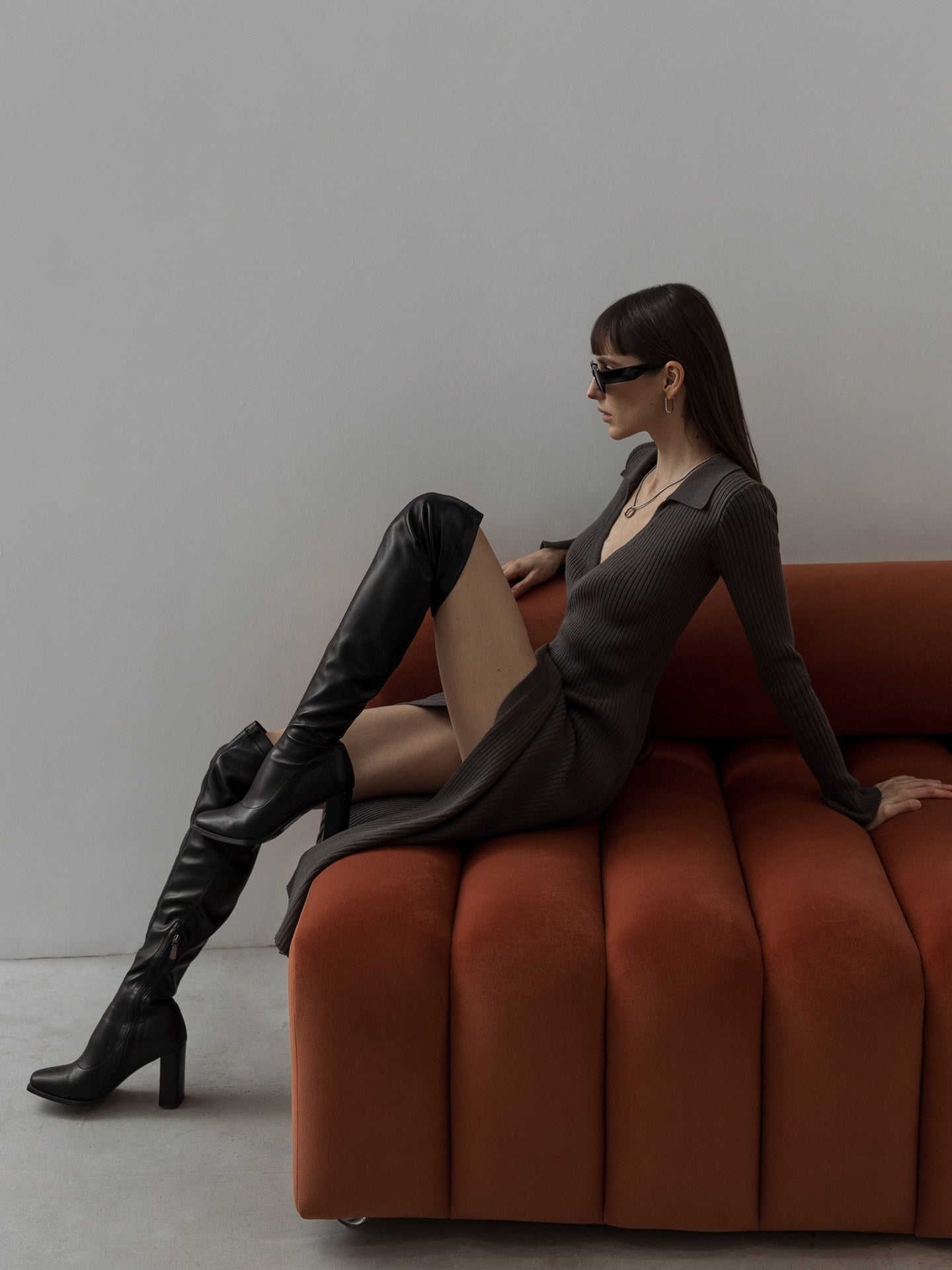 Split Strap Thread Knitted Dress Mid Length Autumn Winter Polo Collar Long Sleeve Sexy Tight Dress