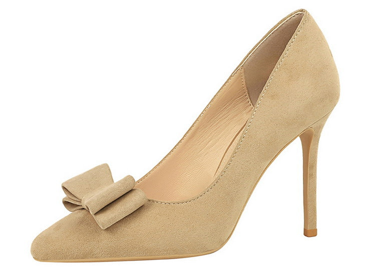 Cocktail High Heels Stiletto Heel Shallow Mouth Suede round Toe Bow High Heel Pumps Women Shoes