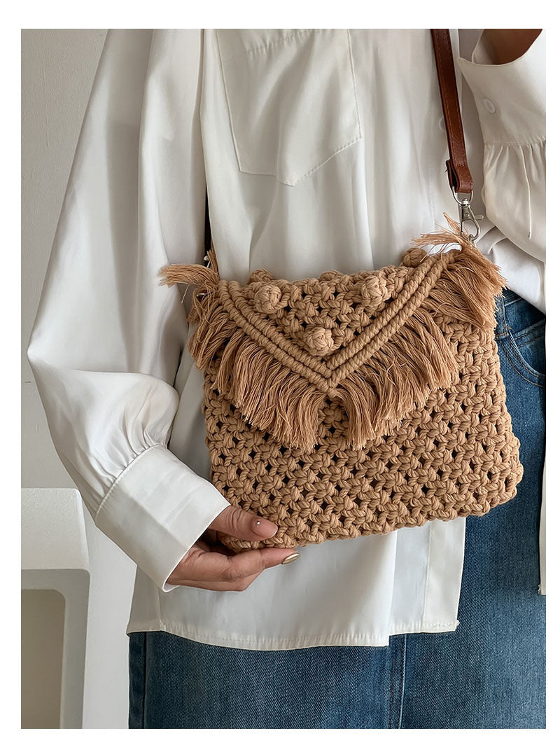 Beanie Crossbody Cotton Thread Woven Bag Women Tassel Bag Cover Shoulder Straw Bag Vacation Beach Bag