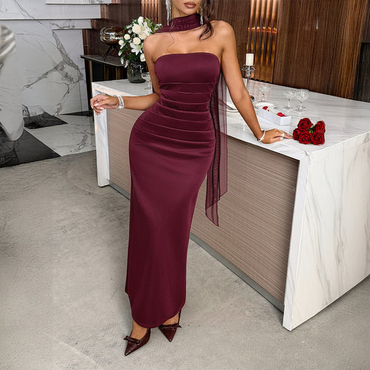 Women Clothing Summer Elegant Lace up Solid Color Hip Dress