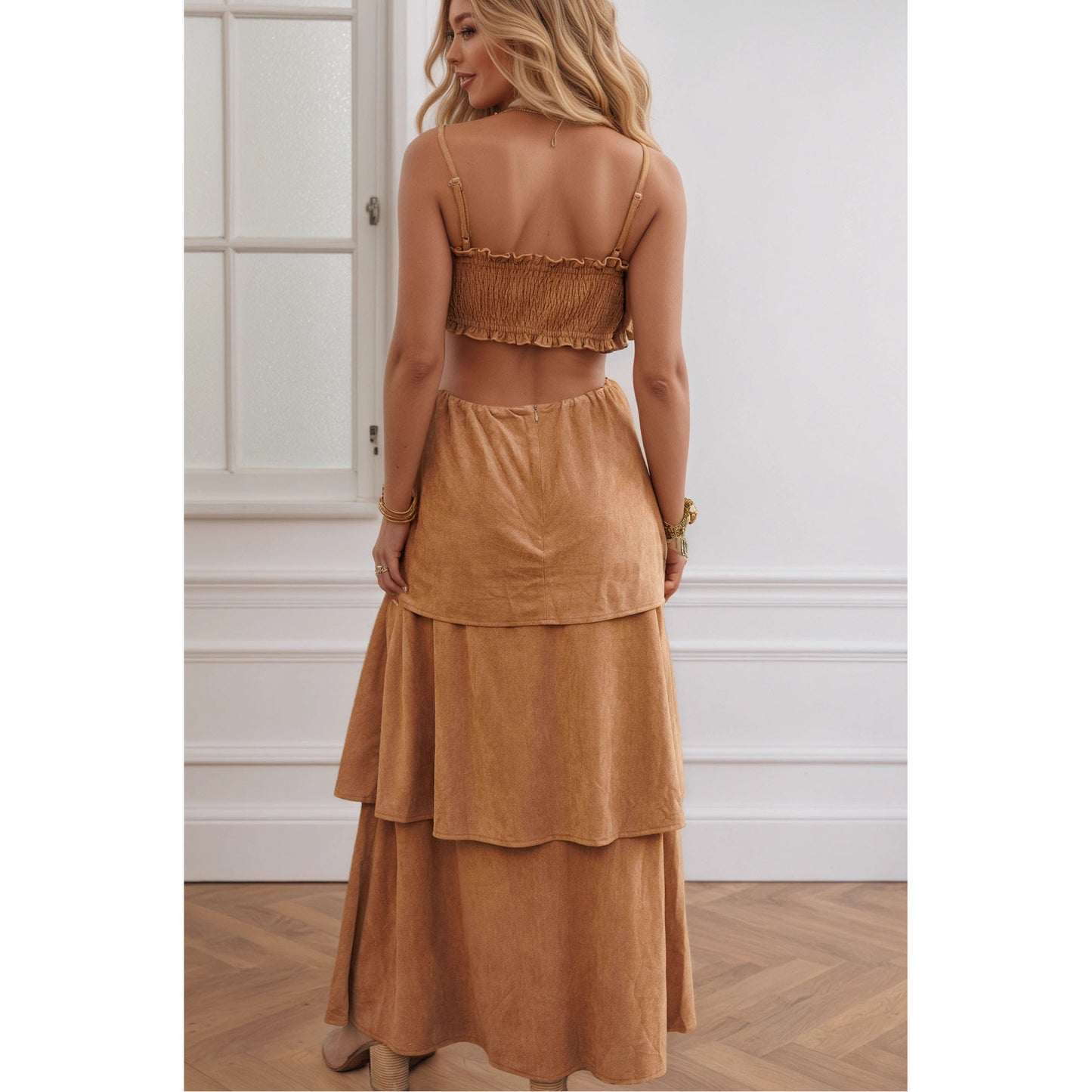 French Retro Suspenders Hollow Out Cutout out Waist Slimming Long Suede Dress