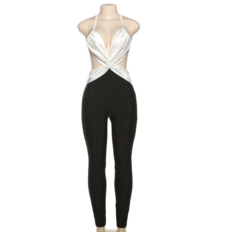 Summer Women Clothes Sexy Backless Contrast Color High Waist Tight Slimming One Piece Trousers