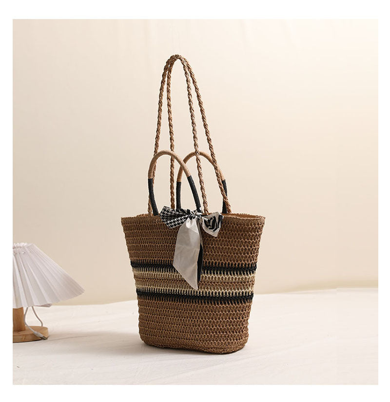 Striped Shoulder Straw Bag Silk Scarf Woven Tote Women Seaside Vacation Beach Bag
