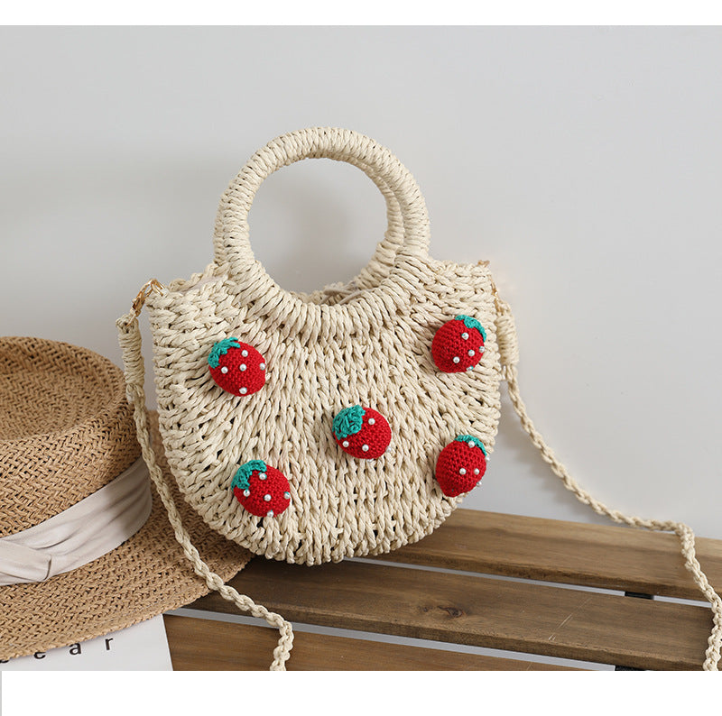 Cute Cherry Fresh Straw Bag Woven Tote Strawberry Cross Body Bag Vacation Beach Bag