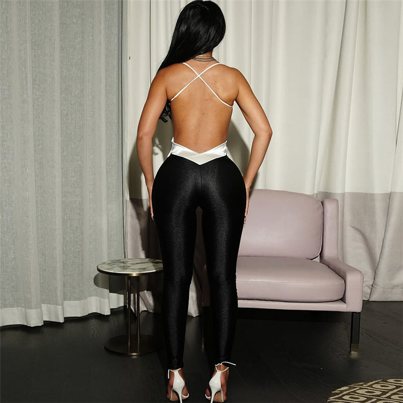 Summer Women Clothes Sexy Backless Contrast Color High Waist Tight Slimming One Piece Trousers