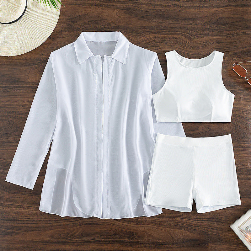 Summer Swimsuit Long Sleeve Women Swimsuit Solid Color Three Piece Sexy Bikini