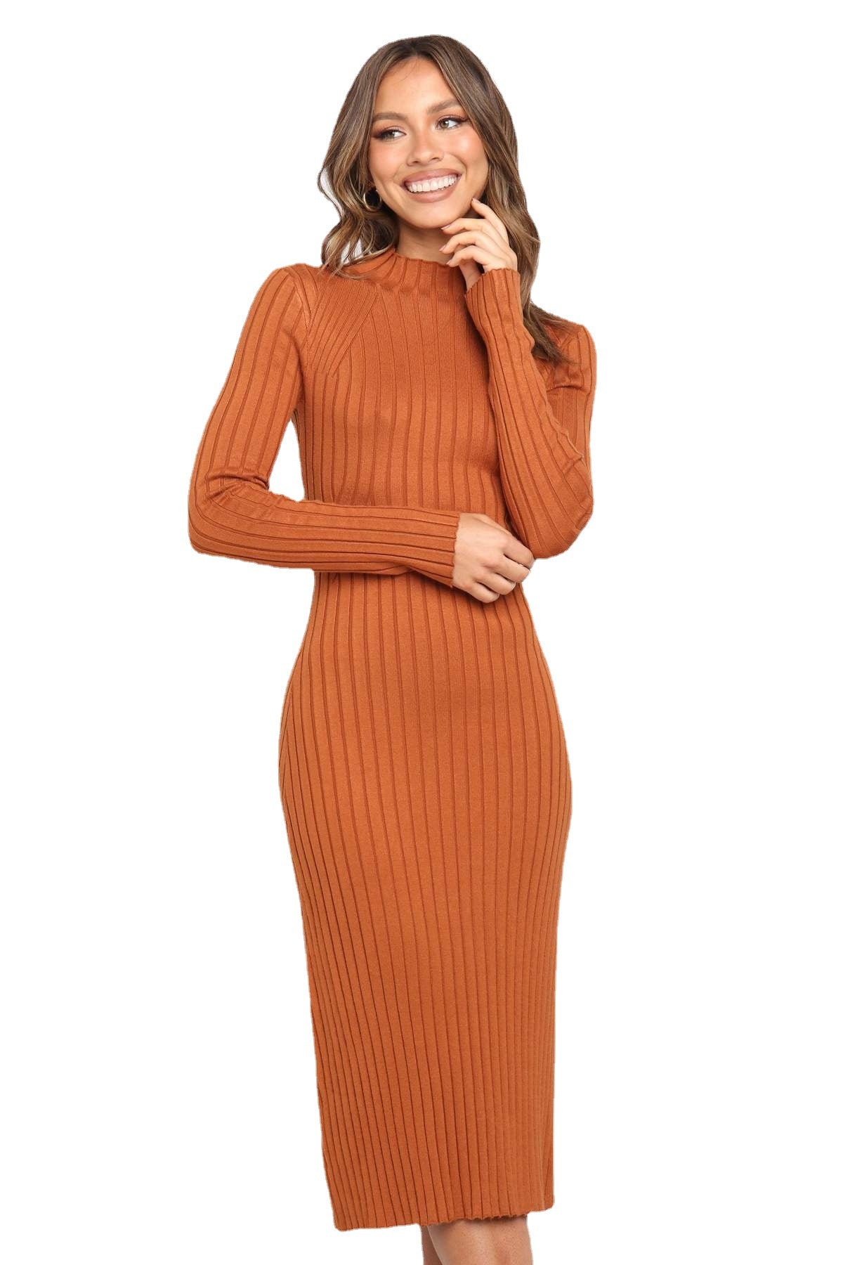 Autumn Winter Long Sleeve Solid Color Striped round Neck Wool Women Clothing Dress