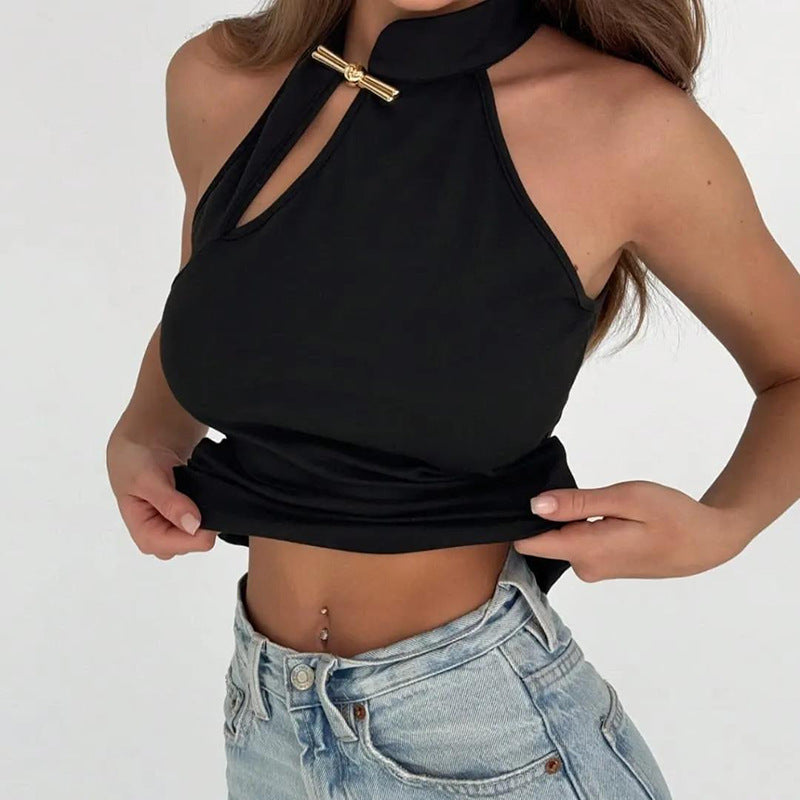 Spring Summer Women Clothing Personalized Stand Collar Open Solid Color Slim Fit Sexy Sleeveless T shirt Vest Women