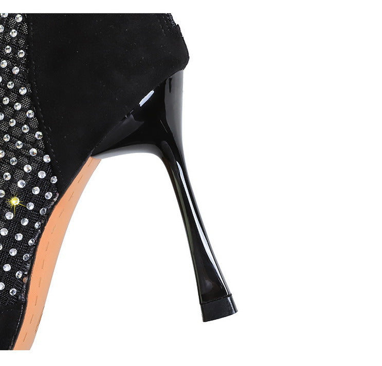 High Heel Boots Women Suede Stitching Mesh Rhinestone Back Zipper Mesh Boots Stiletto Pointed Toe Thin Boots