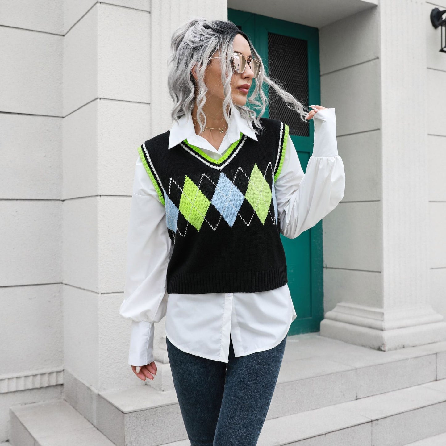 Rhombus V-neck Plaid Vest Sweater Women Vest Outer Wear Inner Wear Autumn Winter Knitwear Sweater