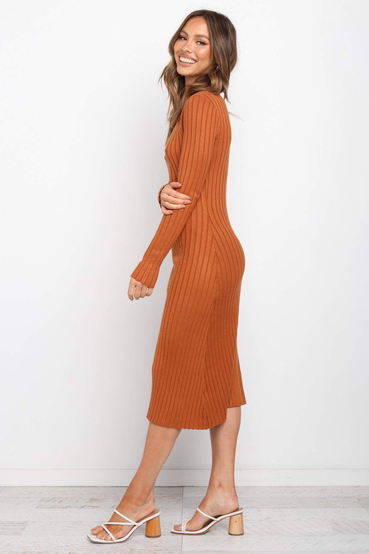 Autumn Winter Long Sleeve Solid Color Striped round Neck Wool Women Clothing Dress