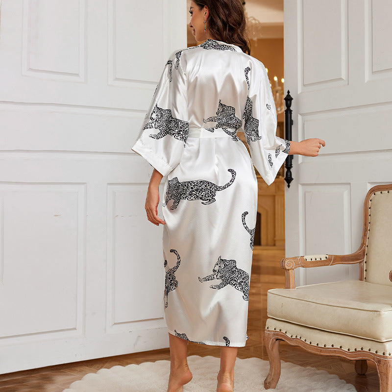 Long Ice Silk Robe Summer Thin Artificial Silk Simple Homewear Sexy Cardigan Bathrobe