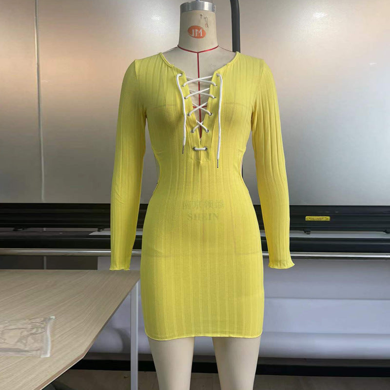 Sexy Women Wear Dress Long Sleeve Knitted Dress V neck Lace up Rib Mid Dress Hip Dress