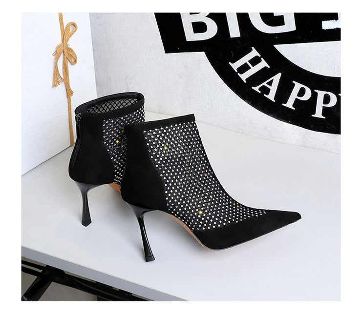 High Heel Boots Women Suede Stitching Mesh Rhinestone Back Zipper Mesh Boots Stiletto Pointed Toe Thin Boots