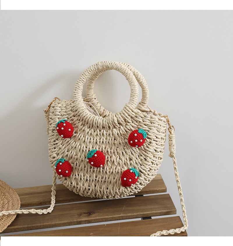 Cute Cherry Fresh Straw Bag Woven Tote Strawberry Cross Body Bag Vacation Beach Bag