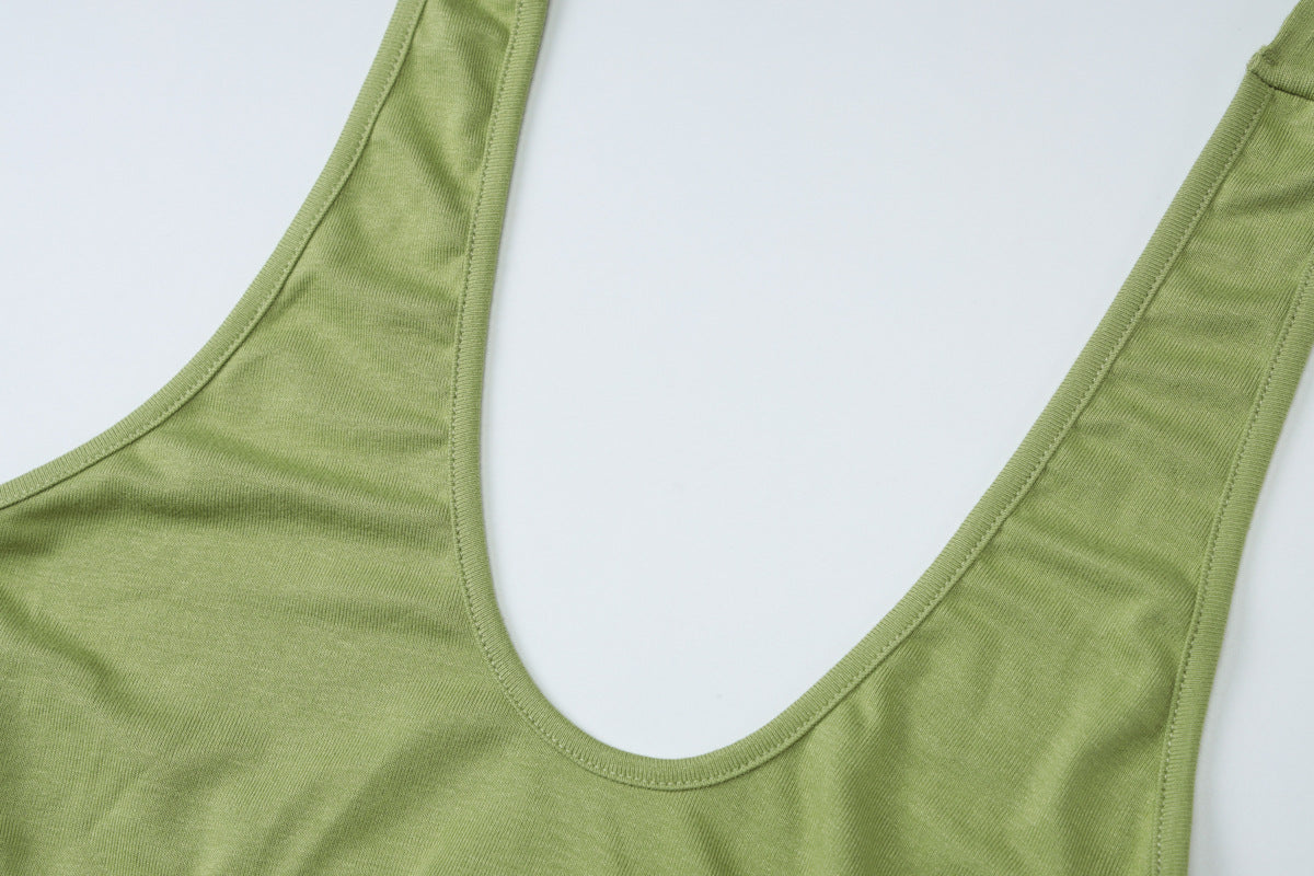 Cinched Patchwork Streamer Solid Color Wild Long Halter Backless Dress Women Clothing