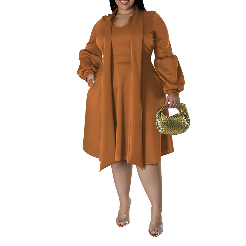 Plus Size Women Scarf Long Sleeved Bubble Sleeve Mid Length Dress