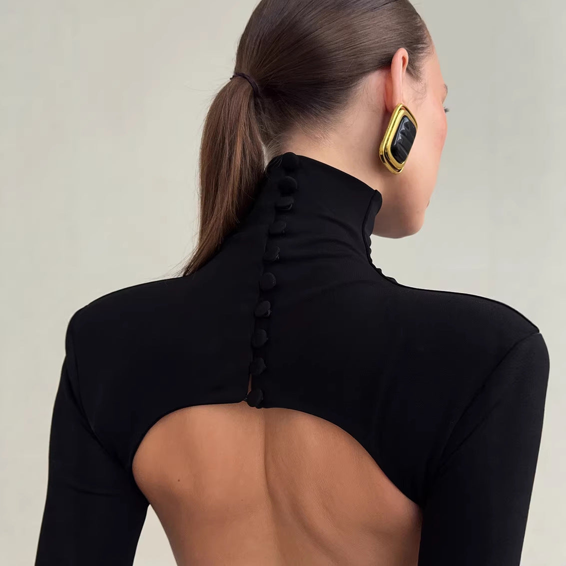 Spring Elegant Black Sexy Backless Knitted Slim Fit Long Sleeved Turtleneck Dress for Women