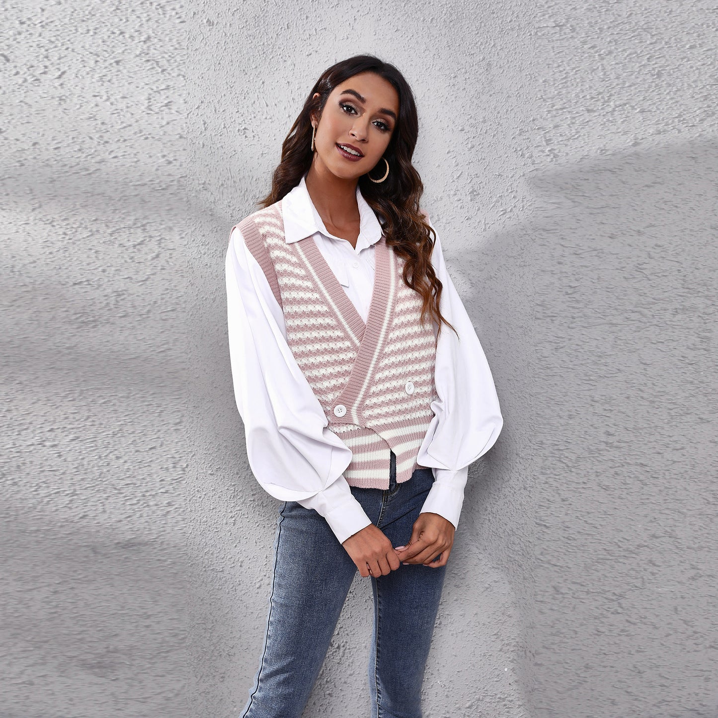 Popular Striped Knitted Cardigan Sweater Waistcoat Women Vest Autumn Winter Women Clothing