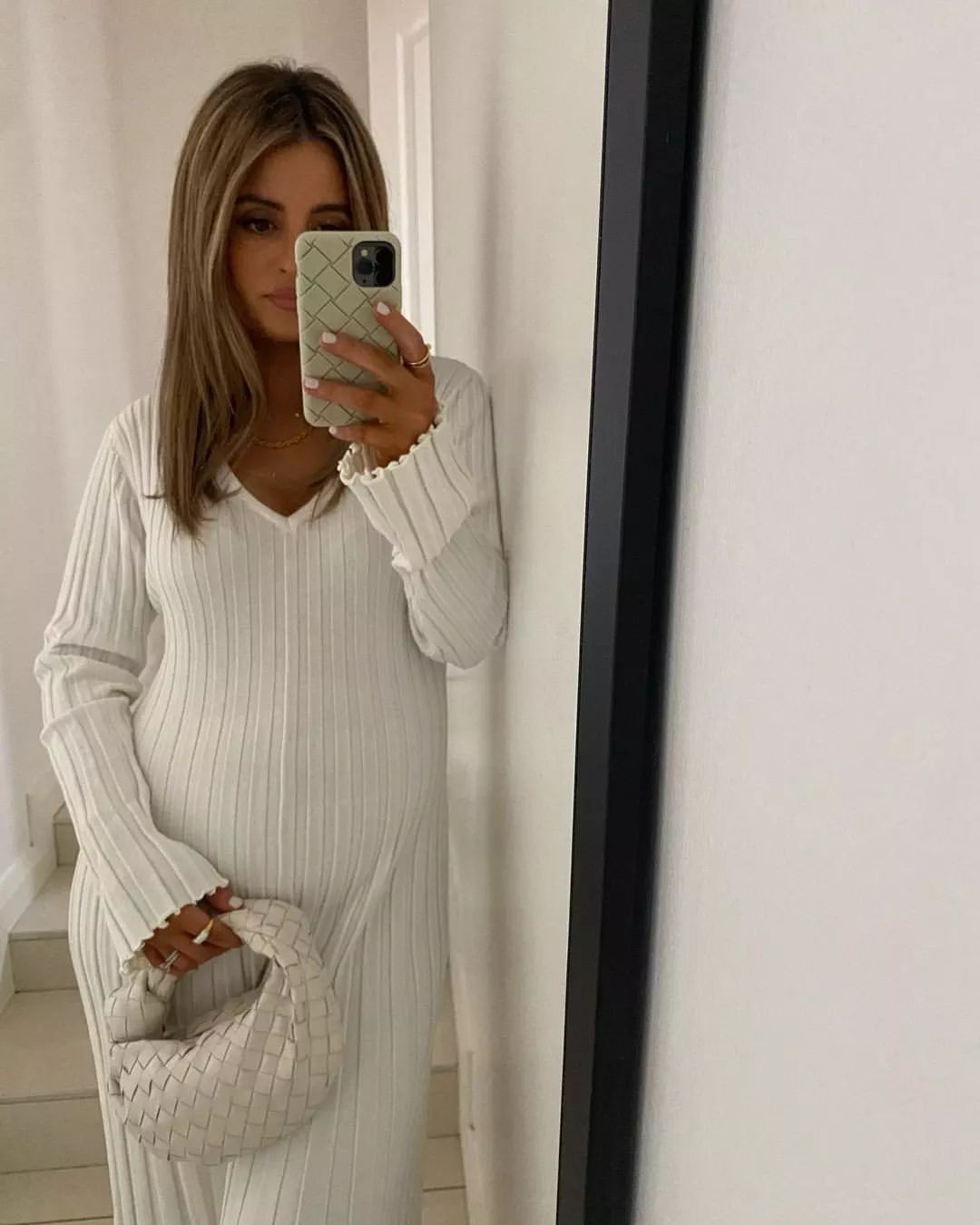 Autumn Winter Knitted Dress Casual Waist Tight V Neck Big Pit Stripe Slimming Knitted Maxi Dress Women