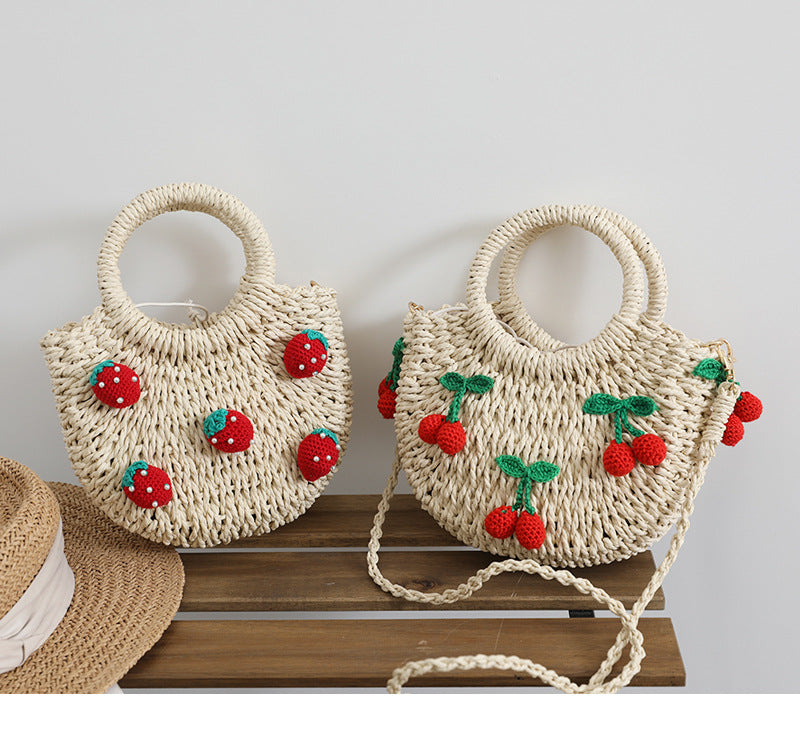 Cute Cherry Fresh Straw Bag Woven Tote Strawberry Cross Body Bag Vacation Beach Bag