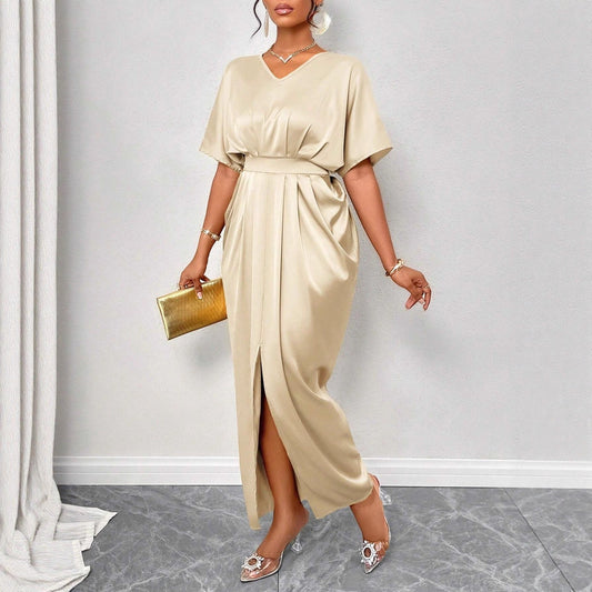 Women Clothing Early Autumn Satin Dress Ball Gown Satin Waist Tight Maxi Dress