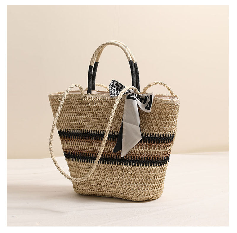 Striped Shoulder Straw Bag Silk Scarf Woven Tote Women Seaside Vacation Beach Bag