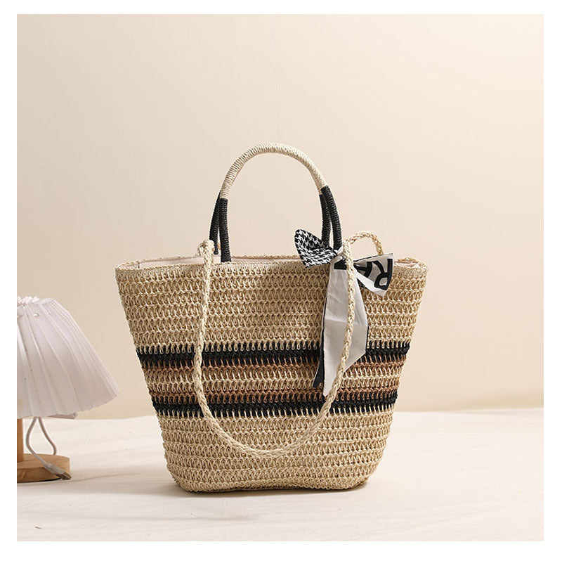 Striped Shoulder Straw Bag Silk Scarf Woven Tote Women Seaside Vacation Beach Bag