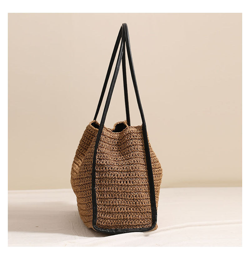 French Large Capacity Straw Bag Niche Solid Color Straw Bag Woven Bag Women Vacation Beach Bag Shoulder Bag