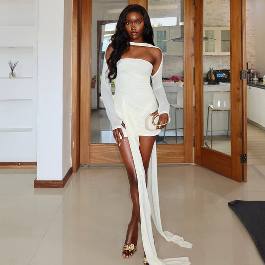 Solid Color Women Clothing Split Sexy Asymmetric Dress off Neck Long Sleeve Slim Dress