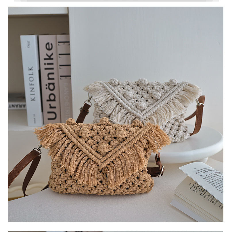 Beanie Crossbody Cotton Thread Woven Bag Women Tassel Bag Cover Shoulder Straw Bag Vacation Beach Bag