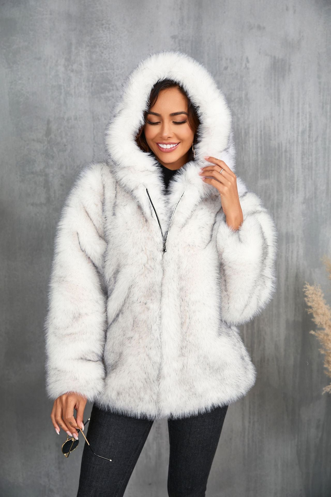 Faux Fur Coat Solid Color Loose Hooded Short Fur Collar Coat Winter Coat Warm Winter Clothing