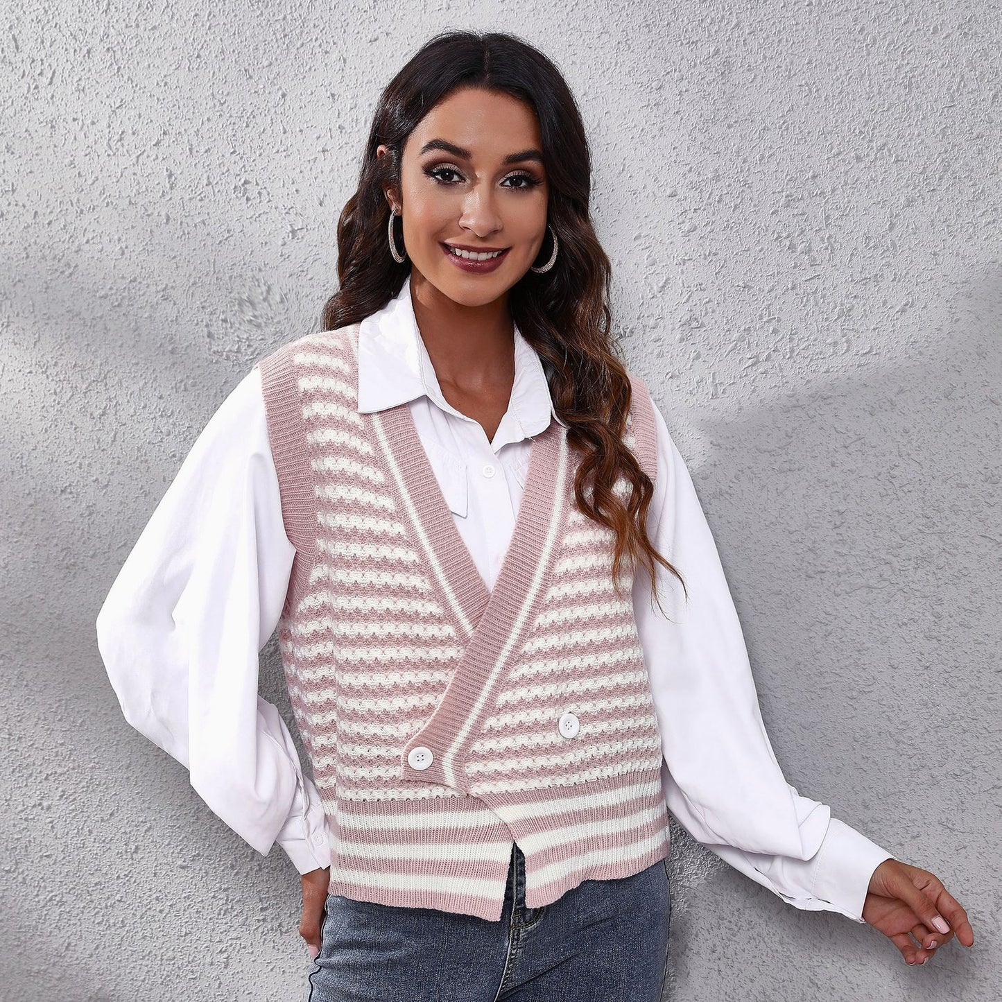 Popular Striped Knitted Cardigan Sweater Waistcoat Women Vest Autumn Winter Women Clothing