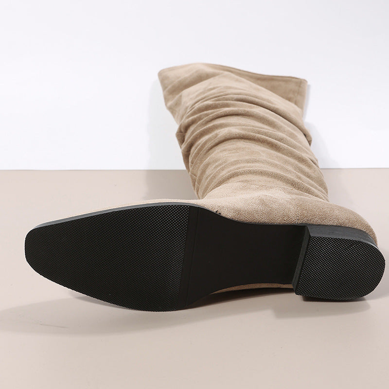 Square Heel Pointed Toe Mid Calf Length Knight Boots Women Suede Pleated Pile Sleeve Pointed Boots