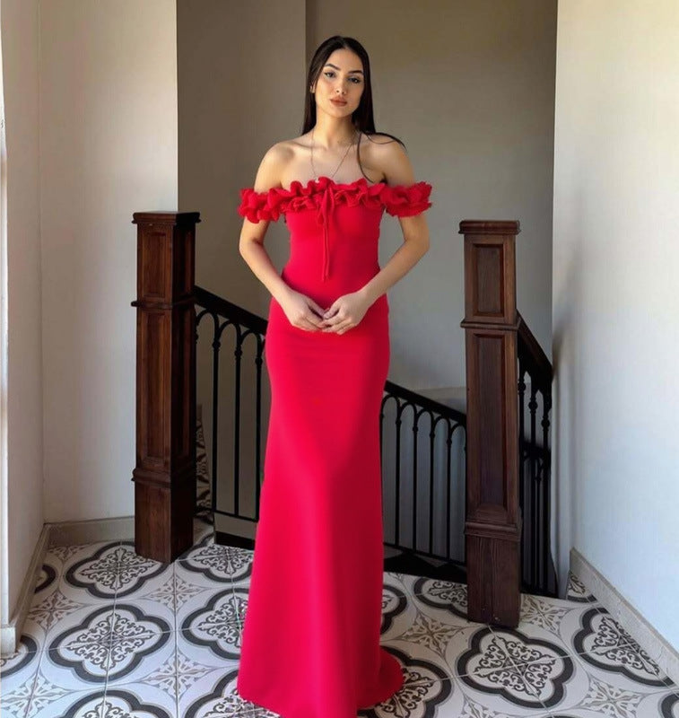 Summer Women Clothes off Neck Wooden Ear Stitching Tied Slim Tube Top Dress Women