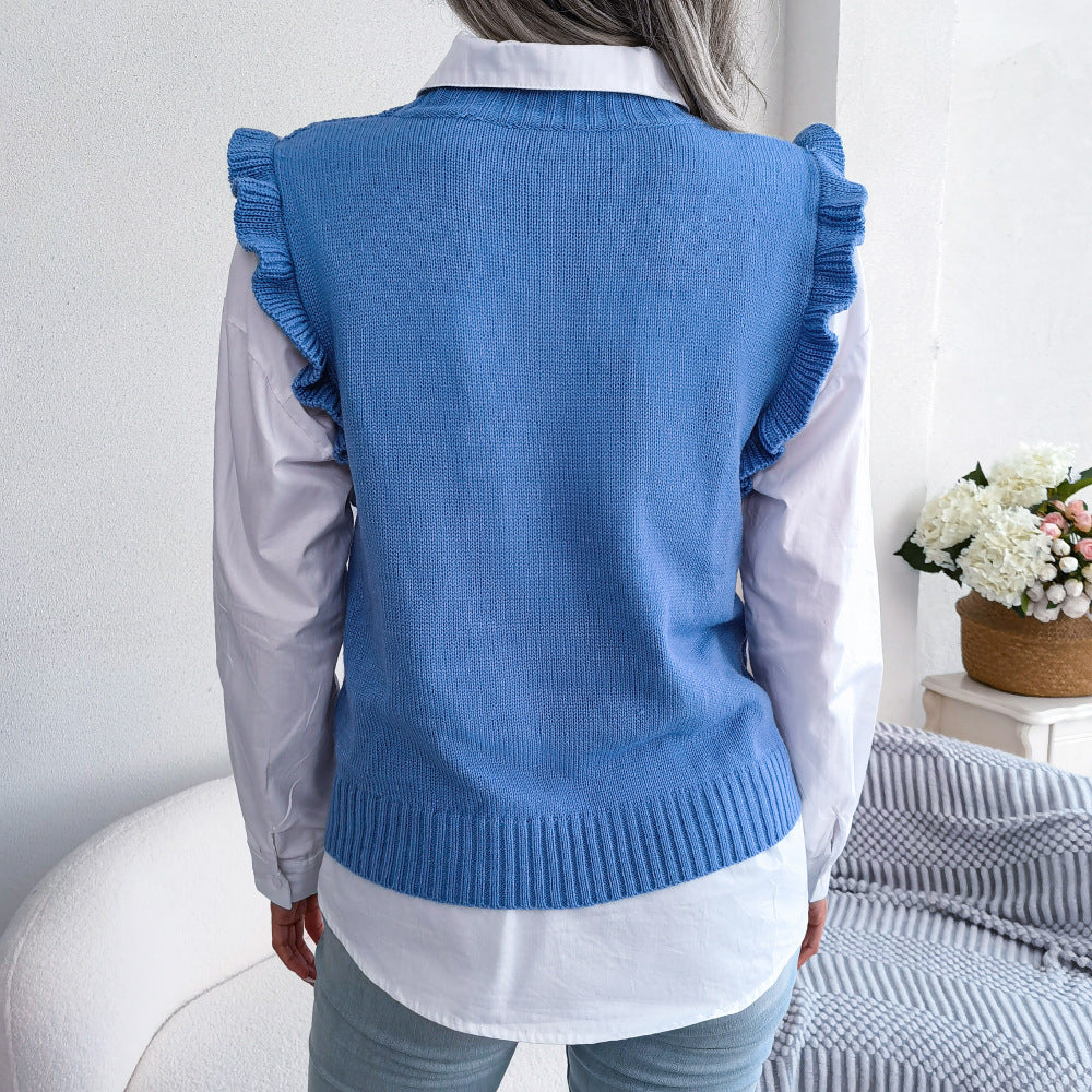 Autumn Winter Wooden Ear Diamond Knitted Vest Sweater Women Clothing