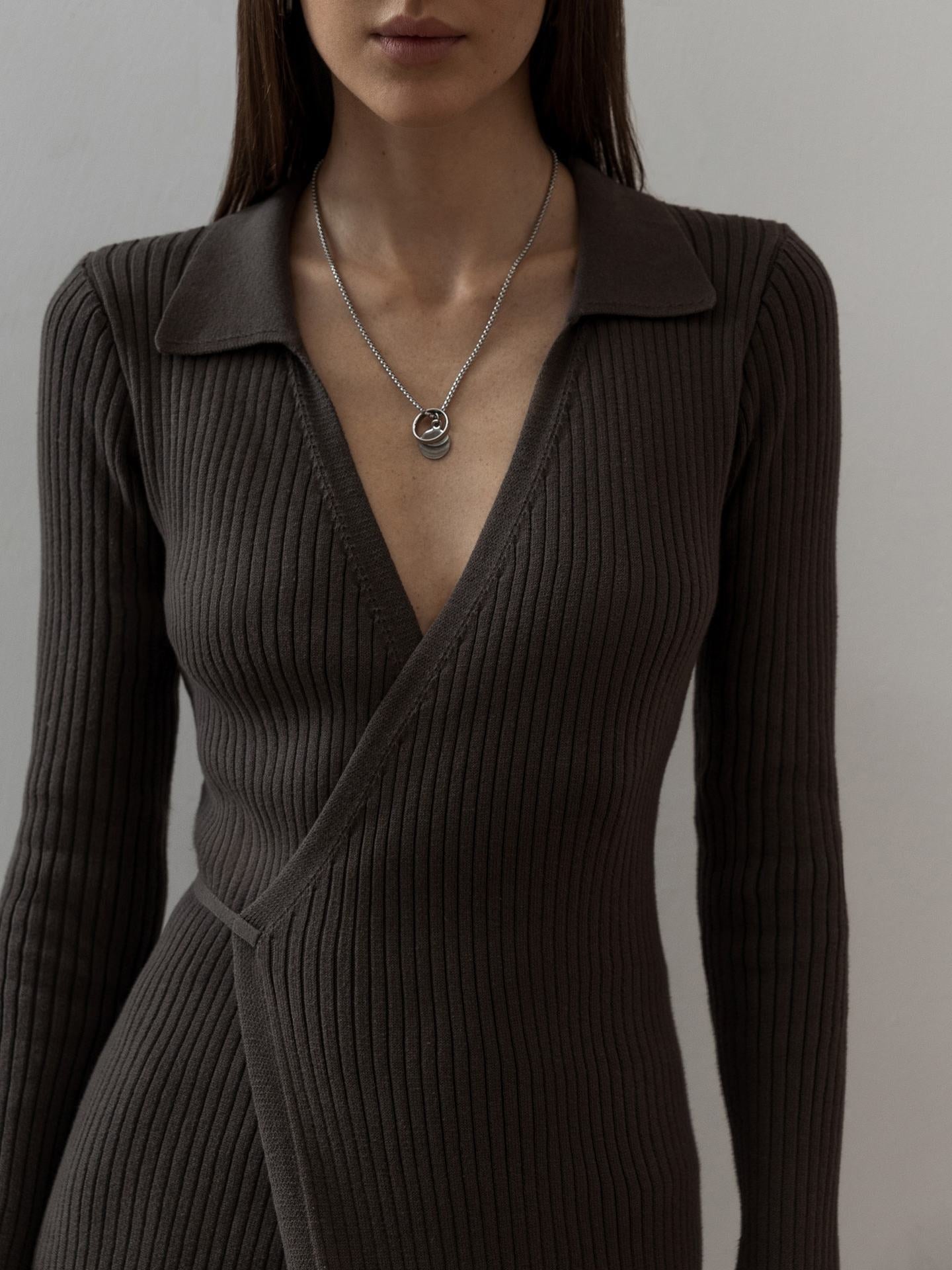 Split Strap Thread Knitted Dress Mid Length Autumn Winter Polo Collar Long Sleeve Sexy Tight Dress