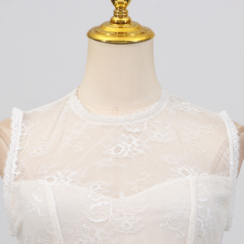 Women Elegant High Grade Dress Summer Lace Embroidered Mesh Stitching Sleeveless Dress