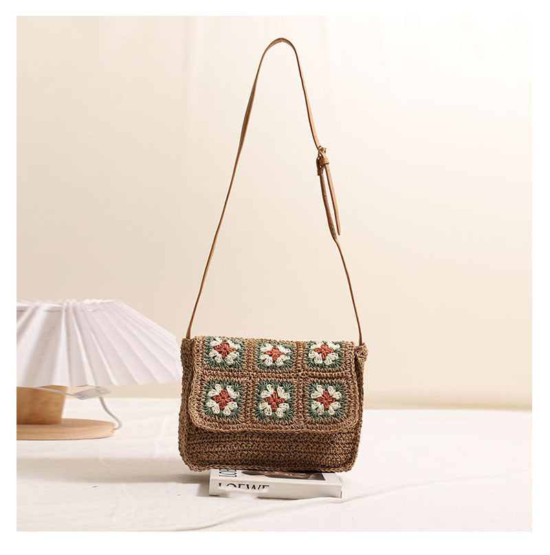 Floral Crossbody Straw Bag One Shoulder Flap Woven Bag Vacation Beach Bag Niche Women Bag