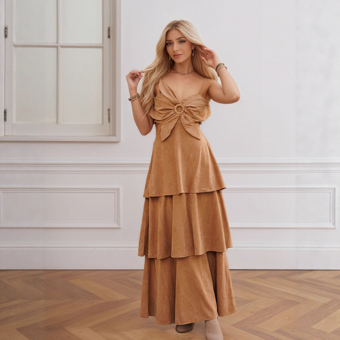 French Retro Suspenders Hollow Out Cutout out Waist Slimming Long Suede Dress