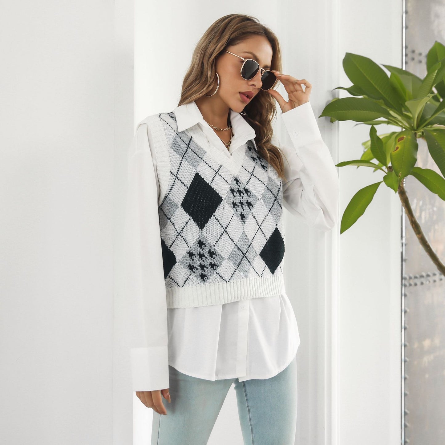 Houndstooth Diamond Plaid Jacquard Vest Sweater Vest Women Autumn Winter Knitwear Women Clothing