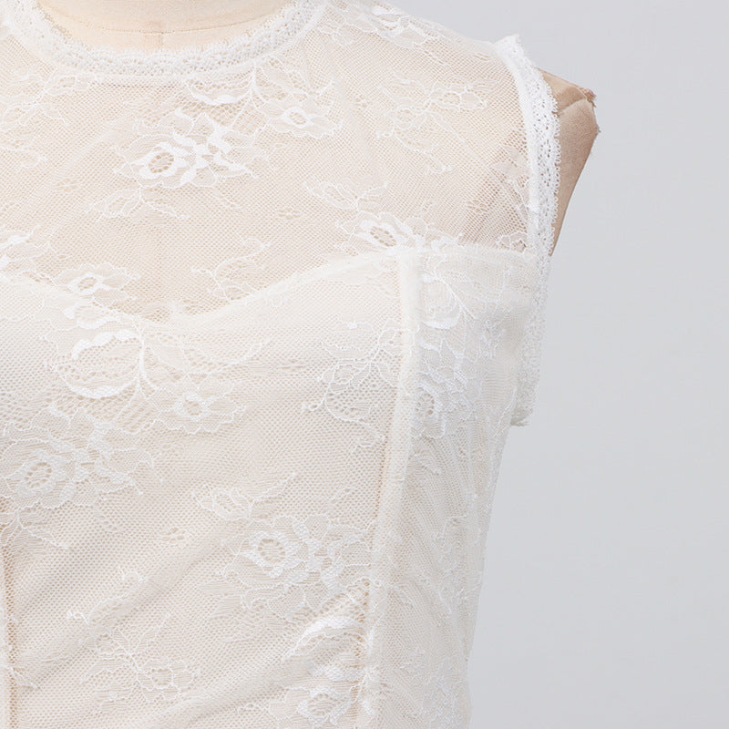 Women Elegant High Grade Dress Summer Lace Embroidered Mesh Stitching Sleeveless Dress