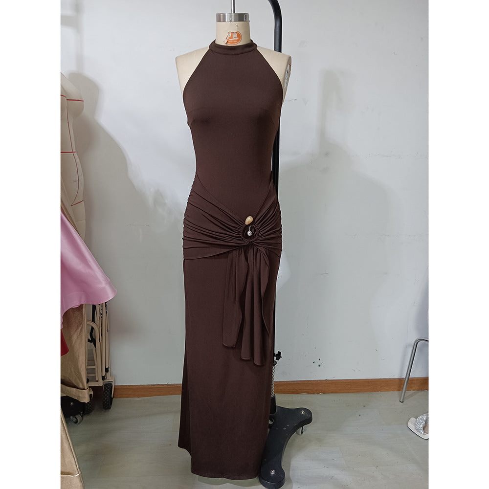 Women Solid Color Halter Sleeveless Dress Tied Slim Fit Sheath Dress Women