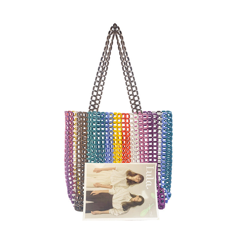 Maple Wooden Bead Wooden Bead Woven Handbag Handmade Beaded Weave Color Bag Creative Portable Shoulder Bag