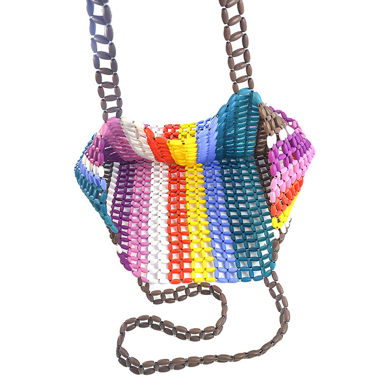 Maple Wooden Bead Wooden Bead Woven Handbag Handmade Beaded Weave Color Bag Creative Portable Shoulder Bag