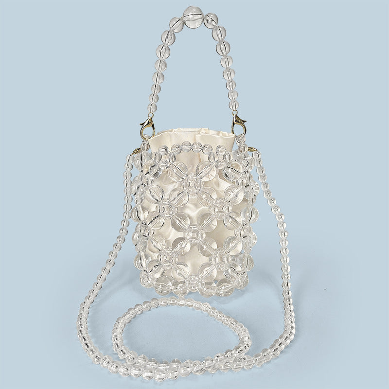 Transparent Irregular Asymmetric Hand Woven Acrylic Crystal String Beads Cocktail Mobile Phone Bag Cross Body Bucket Pouch