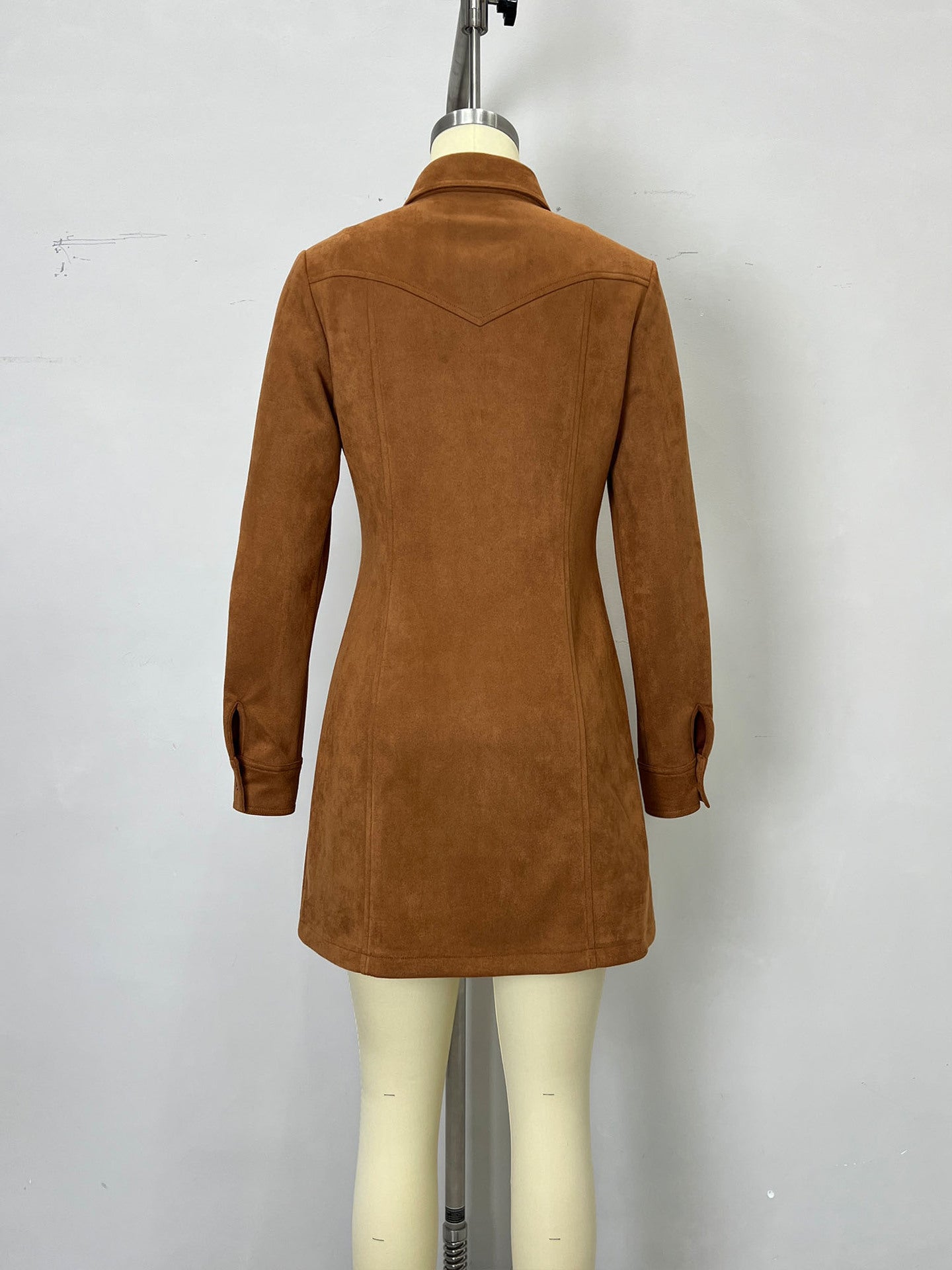 Women Autumn Winter Collared Single Row Multi Buckle Embroidered Suede Long Sleeved Shirt Mid Length Dress