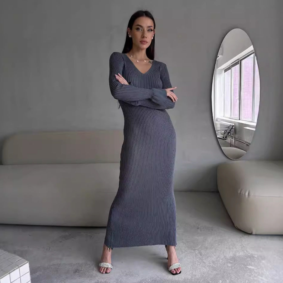 Long Sleeve V neck Tight Knitted Dress Solid Color Rib Fabric Wool Long Autumn Winter Dress